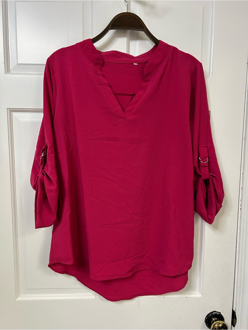 Women's Fuchsia V-Neck Roll-Tab Sleeve Tunic